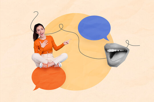 Composite collage artwork of young funny girl laughing directing finger empty space chatterbox speak laugh dialog mouth isolated on beige background