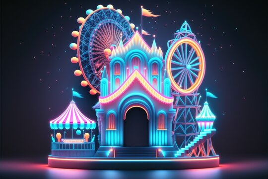 Amusement Park Funfair And Carnival Rides Generative Ai Funtime Background With Neon Lights