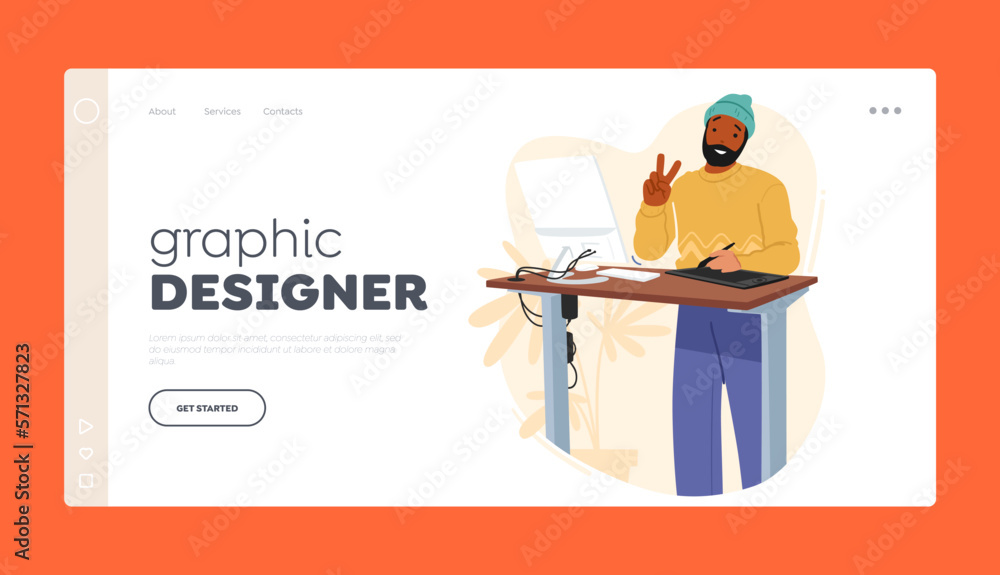 Poster graphic designer landing page template. male character drawing with stylus on tablet standing at des