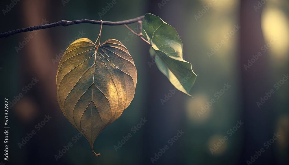 Poster a leaf hanging from a tree branch in a forest with sunlight coming through the leaves and a blurry b
