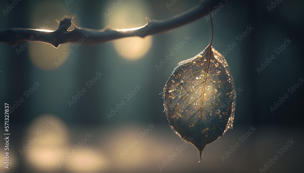 Poster a leaf hanging from a tree branch with a blurry background of lights in the background of the pictur