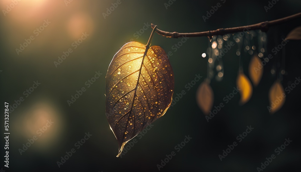 Poster a close up of a leaf on a branch with drops of water on the leaves and the sun shining in the back g