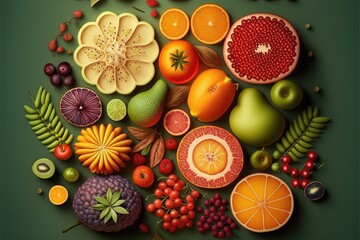 Fruit and vegetable background. generative ai Top view.