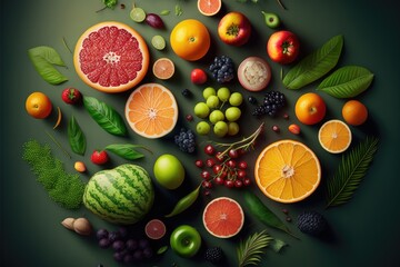 Fruit and vegetable background. generative ai Top view.