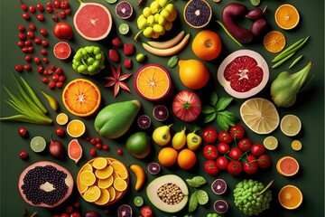 Fruit and vegetable background. generative ai Top view.