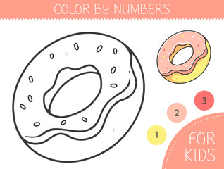 Color by numbers coloring page for kids with donut. Coloring book with cute cartoon donut with an example for coloring. Monochrome and color versions. Vector illustration.