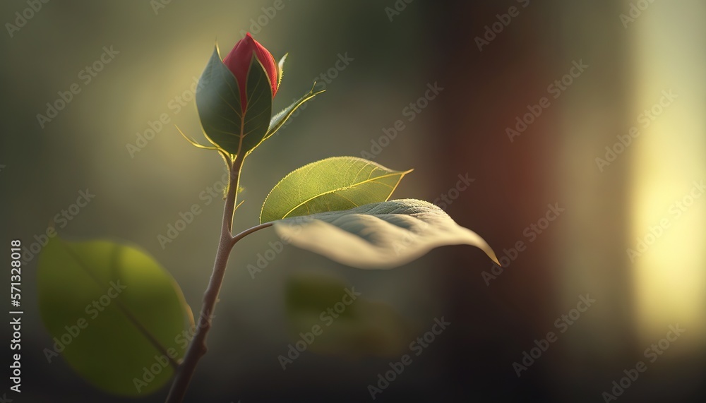 Poster a single red rose with green leaves on a stem with a blurred background of light coming in from the 