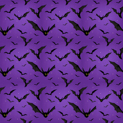 Bats with yellow eyes against a purple night starry sky. Seamless pattern for Halloween, print. Vector illustration