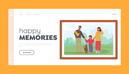 Happy Memories Landing Page Template. Family Photo in Frame with Children, Parents And Pet Characters Enjoying Walk
