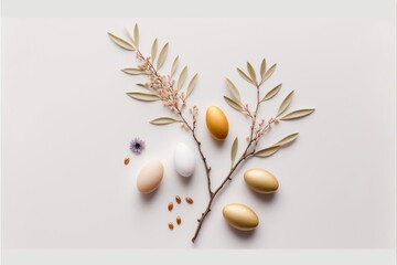 Easter eggs and olive branches on white background generative ai studio light setup