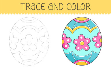 Trace and color coloring book with easter egg for kids. Coloring page with cartoon easter egg. Vector illustration.