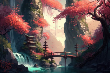 illustration painting of Oriental background, digital art. Illustration of a dawn mountain fantastic landscape with waterfalls and blooming sakura (ai generated) - obrazy, fototapety, plakaty