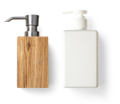 two liquid soap dispensers isolated over a transparent background, sanitation or bathroom / interior accessories, top view / flat lay