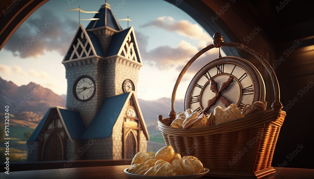 Poster a basket of food sitting on a table next to a clock tower in a window with a view of mountains and a