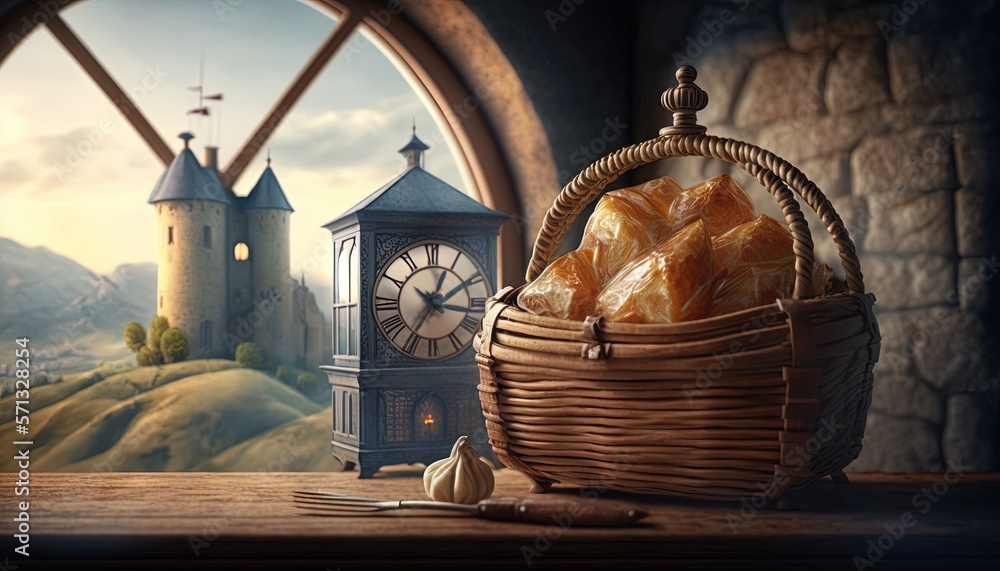 Poster a basket filled with bread sitting next to a clock on top of a wooden table in front of a window wit