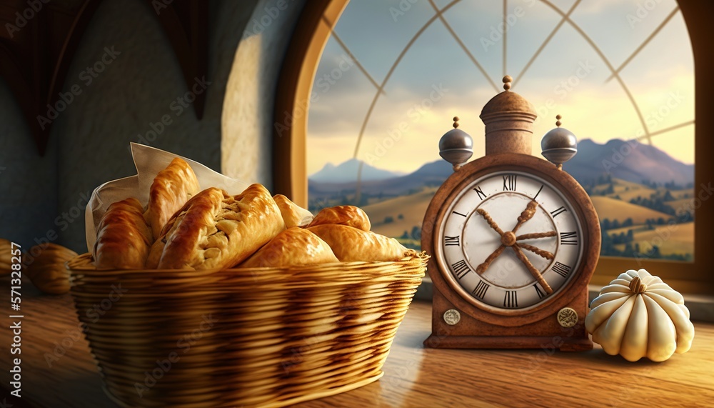 Aufkleber a basket full of bread next to a clock and a basket of bread on a table in front of a window with a 