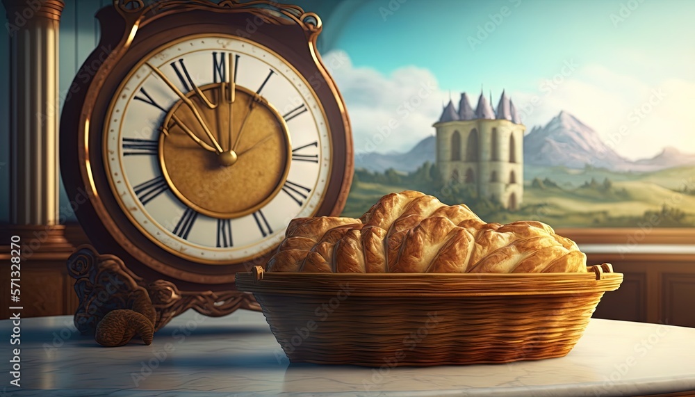 Poster a basket of bread sitting on a table next to a clock and a painting of a castle in the background wi