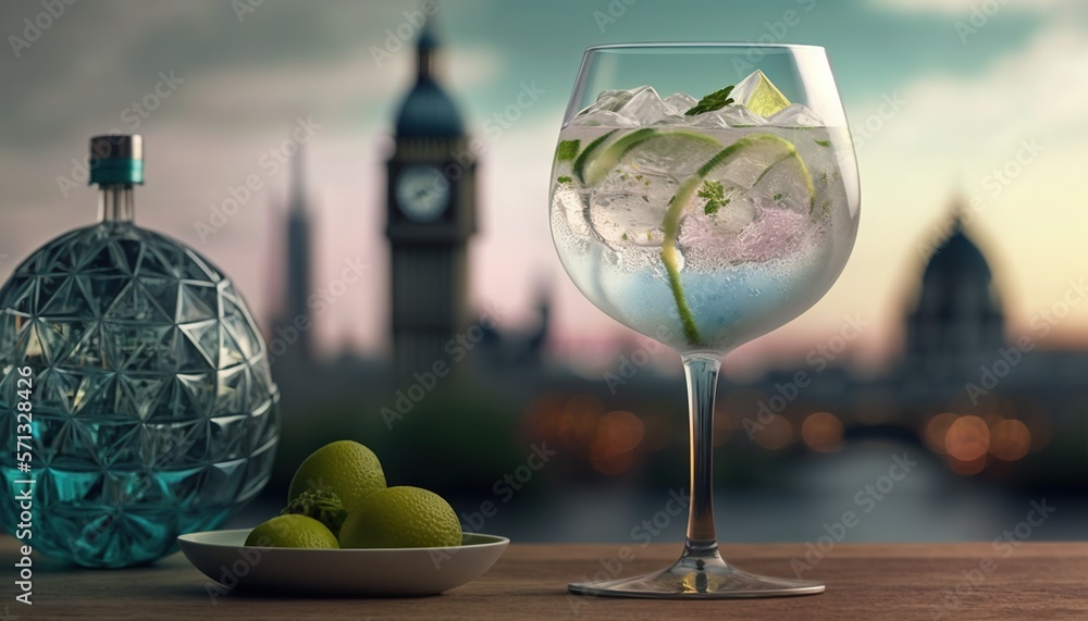 Aufkleber a glass of water with limes and a bowl of limes on a table in front of a cityscape with a clock. gen