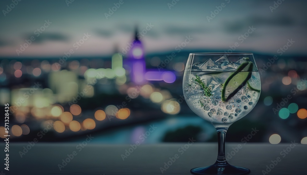 Aufkleber a glass filled with a drink sitting on top of a table next to a cityscape in the background with a c