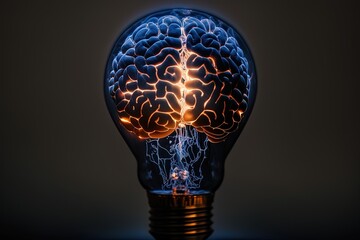An illustration of a brain illuminated in a light bulb, projecting joy, strength, wisdom, and energy.  Concept: Great and creative idea. Generative ai