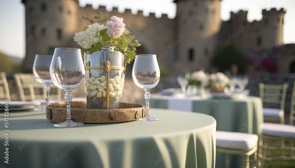 Poster a table with wine glasses and a vase with flowers on it with a castle in the background with a table