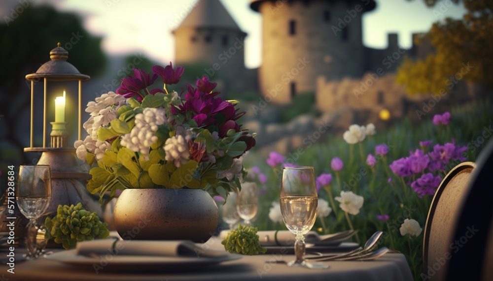 Poster a table with a vase of flowers and a candle on top of it next to a table cloth with a vase of flower