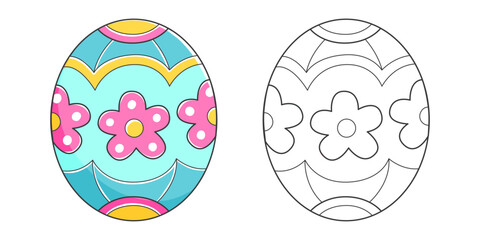 Easter egg coloring book with coloring example for kids. Coloring page with easter egg. Monochrome and color version. Vector children's illustration.