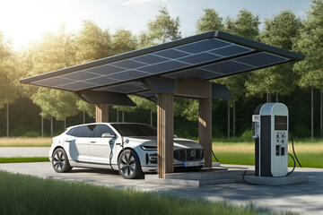 Electric car with solar panels charging station design and futuristic concept. Ai generated