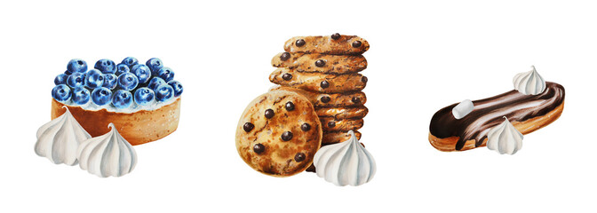Watercolor set of compositions with biscuits, marshmallows, meringue, blueberry tartlet, cholocate cookies, eclair. For designers, menu, shop, bar, bistro, restaurant, for postcards, wrapping paper