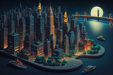An illustration of New York with the Brooklyn bridge in three-dimensional style at night. Concept: New York art print. Generative ai 