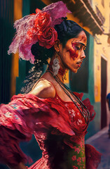 Generative AI illustration of Portrait of young girl in flamenco dress - obrazy, fototapety, plakaty