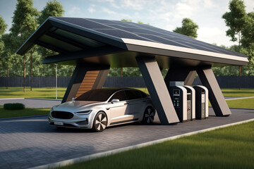 Electric car with solar panels charging station design and futuristic concept. Ai generated