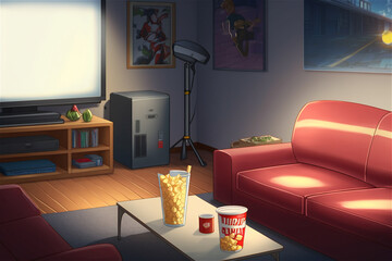 Cozy Living Room with Popcorn and Soda for Movie Night