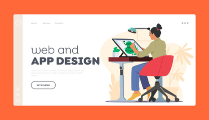 Web and App Design Landing Page Template. Creative Woman Graphic Designer Sitting At Desk Makes Sketch On Tablet