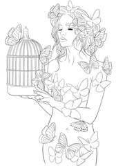 coloring page girl with butterflies for kids