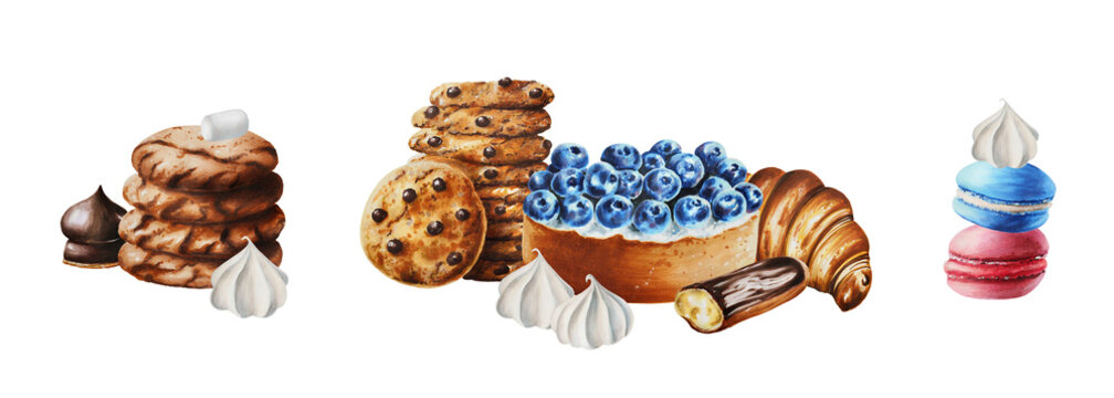 Watercolor set of compositions with macaroons, biscuits, marshmallows in chocolate, meringue, eclair, croissant, cholocate cookies.. For designers, menu, shop, bar, bistro, restaurant, for postcards