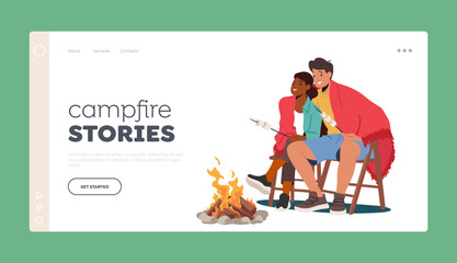 Campfire Stories Landing Page Template. Young Man and Woman Couple Sitting at Fire Frying Marshmallow