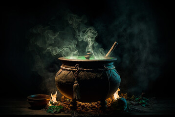 Witch cauldron in a dark room green smoke. Generative AI. - obrazy, fototapety, plakaty