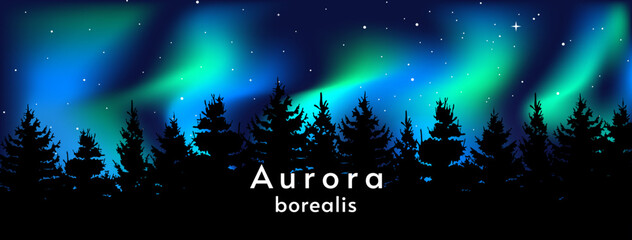 Vector illustration. Horizontal landscape. Beautiful aurora with forest. Night starry sky. Design for background, banner.