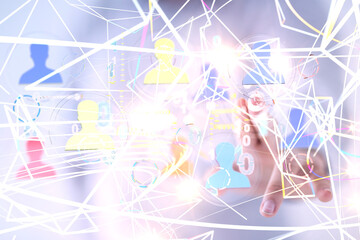 holding 3D rendering group of blue people