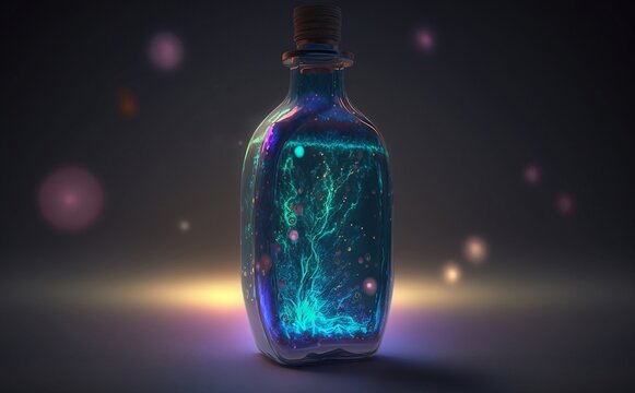 Magical glowing bottle illustration. Generative AI technology.