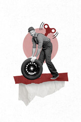 Creative photo collage of young repairman wear uniform manipulation doll slave pushing car tire...