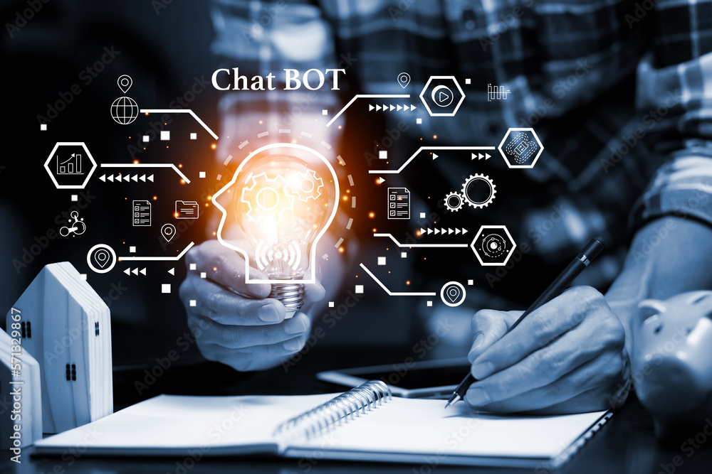 Aufkleber businessman hold laptop and touch chat bot chat with ai, artificial intelligence, system artificial 