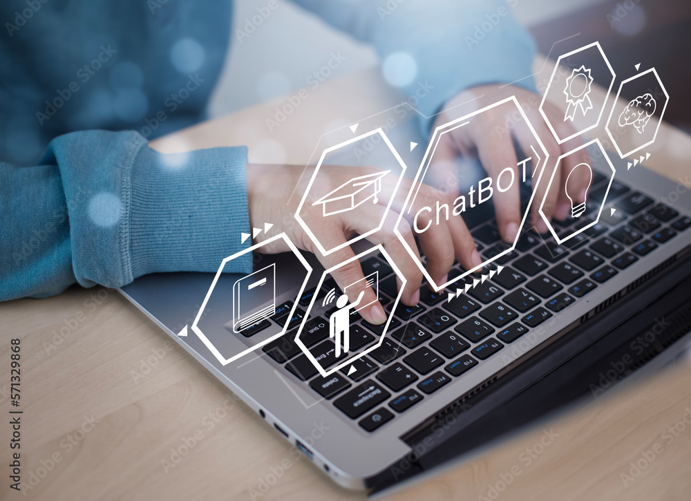 Aufkleber businessman hold laptop and touch chat bot chat with ai, artificial intelligence, system artificial 