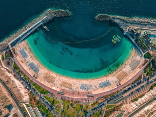 Aerial view of the Amadores beach on the Gran Canaria island in Spain. The most beautiful beach on...