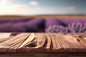 Empty table top and blurred landscape of lavender fields. Mock up for display or montage of product. AI generative illustration