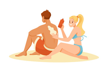 Man and Woman Character on Beach Sunbathing Wearing Swimsuit and Applying Sunscreen Vector Illustration