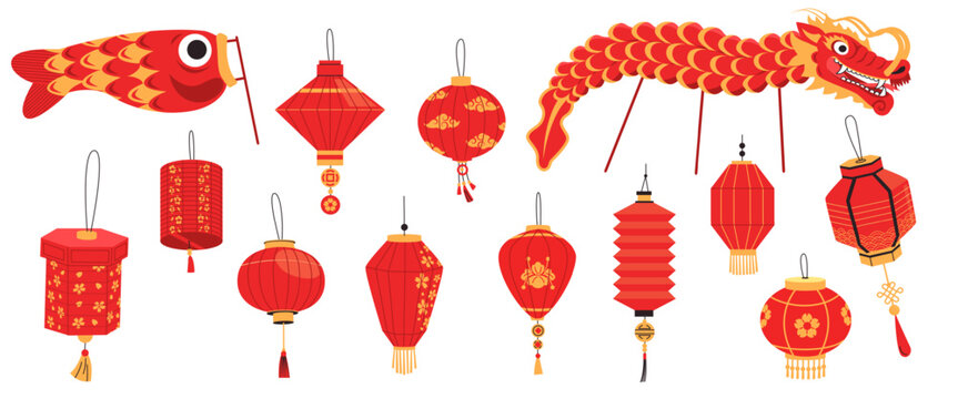 Traditional Chinese lantern. Cartoon asian paper lamps with tassel for New year celebration, oriental festival street decoration different shape. Vector set