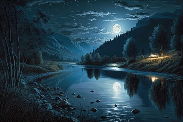view of the calm river in a moonlit night.Generative Ai
