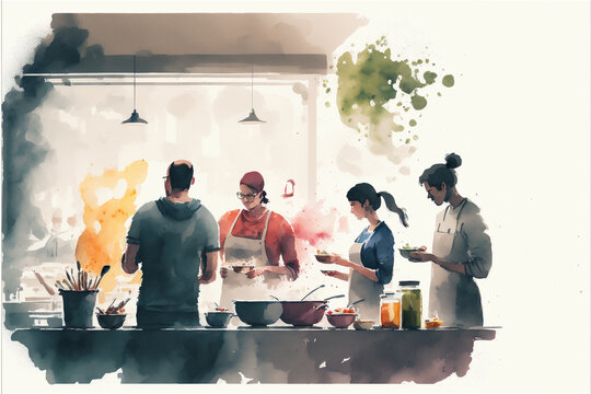 AI Generated Minimalist Illustration of a Group Cooking in the Kitchen